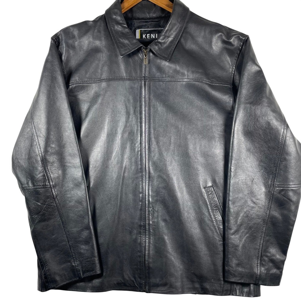 KENIA Leather Jacket Men's XXL Genuine Black Full Zip Motorcycle Bomber